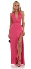 Lucy In The Sky Satin Halter Prom Dress Maxi Pink XS Side Slit Open Back Formal