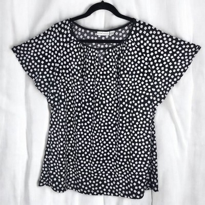 Susan Graver Top Womens 2X Black White Polka Dot Keyhole Blouse Cap Sleeve