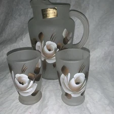 Vintage Hansetta Artwork Hand Painted frosted mini glasses and pitcher