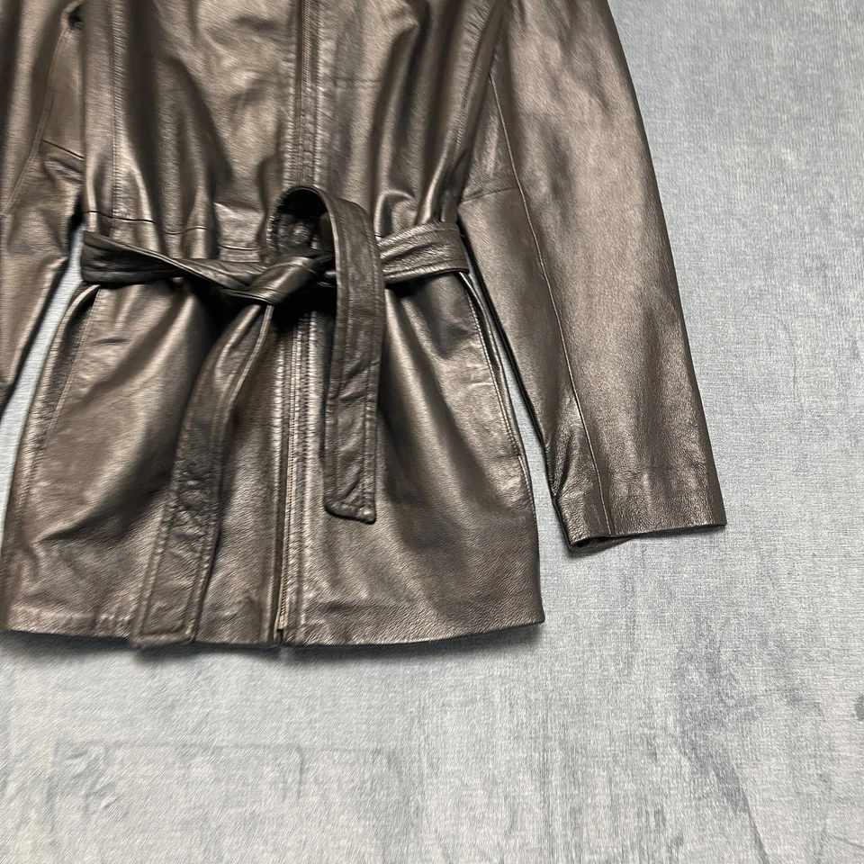 Abrigo de coche de cuero Worthington vintage para mujer XL marrón oscuro con cinturón cintura cremallera Y2K Foto 2 de 4