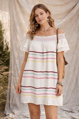 NWT Entro Dress S Mini Smocked Shift Colorful Ric Rac Trim Lined Boho White