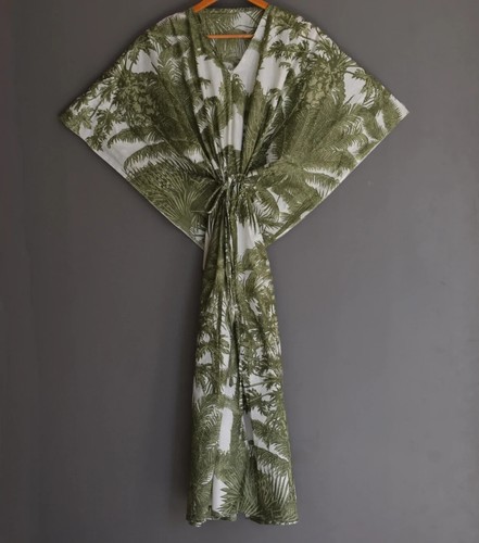 Indian Vintage 100% Cotton Long Beach Maxi Kaftan Dress One Size Caftan Kimono - Picture 4 of 4