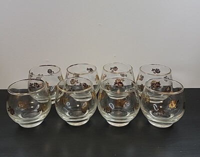 Set of 8 Libbey Provincial Gold Rose Flower Roly Poly Stemless Wine Glasse Gold 