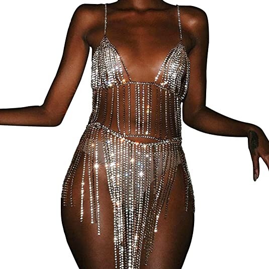 MineSign Sexy Jewelry Set Womens Rhinestone Body Chain Bra Belly Dress, Silver