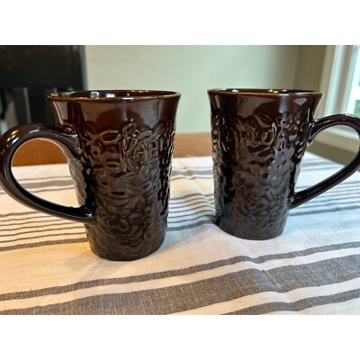 Set of 2 Kahlúa Mugs 12 oz Embossed Coffee Beans & Logo Dark Brown