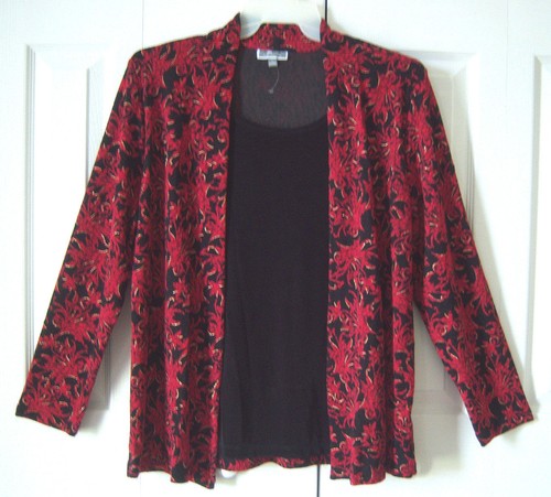 JM Collection Damen Strickjacke Gr. L Schwarz Intarsien Rot Schwarz Gold Neu ohne Etikett