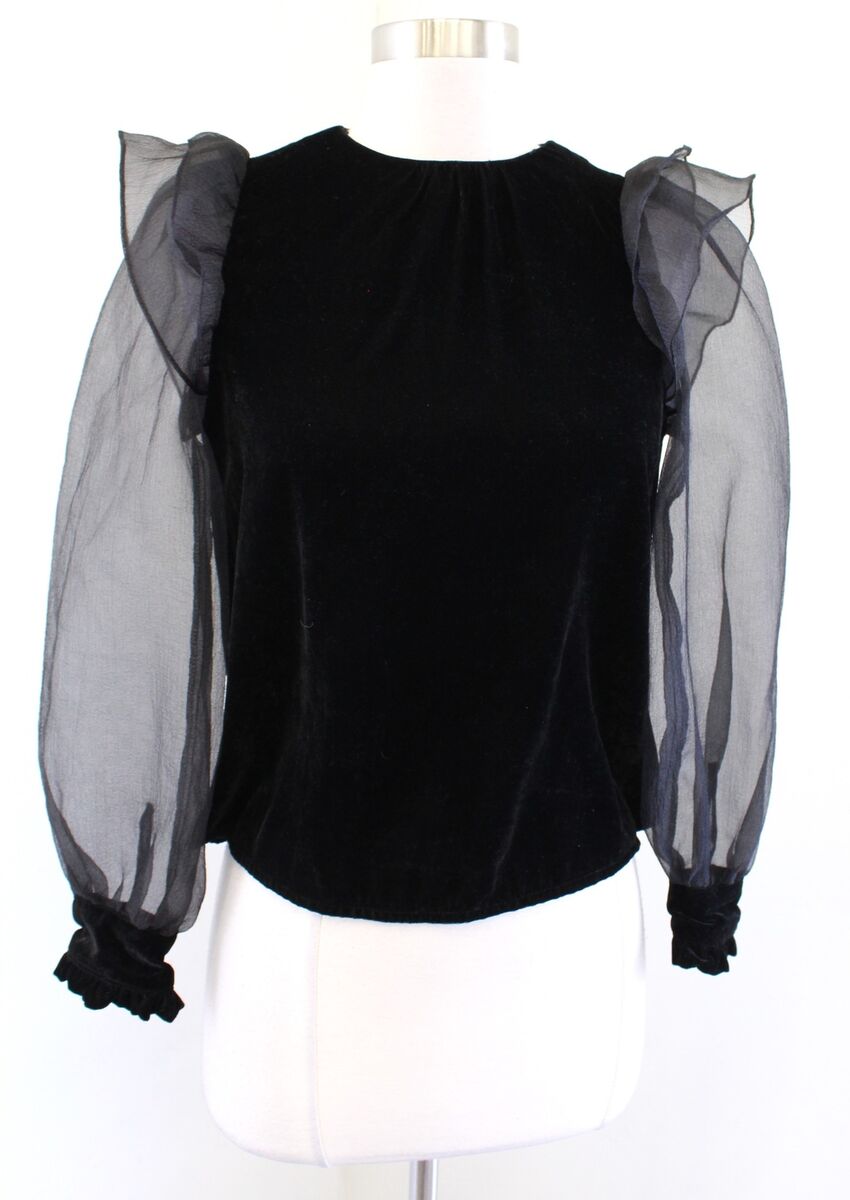 NWT Zara Black Velvet Sheer Mesh Puff Sleeve Ruffle Top NWT Zara Black Velvet Sheer Mesh Puff Sleeve Ruffle Top