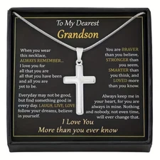 For My Dearest Grandson Cuban Chain Cross Pendant Necklace with Card + Gift Box