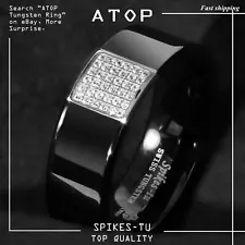 8mm Black Tungsten Ring 925 Silver Inlay CZ ATOP Men Wedding Band Ring