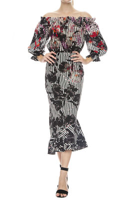 saloni grace off the shoulder dress SALONI Off the Shoulder Dress Grace Green Floral Print Silk Size US 10 NEW