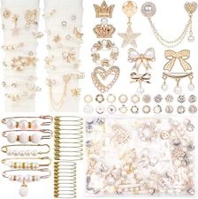 Dodobeads 60 Pcs Mixed Charms Kit, Gold & Pearl Brooches and Pins, Safety Pin Ch