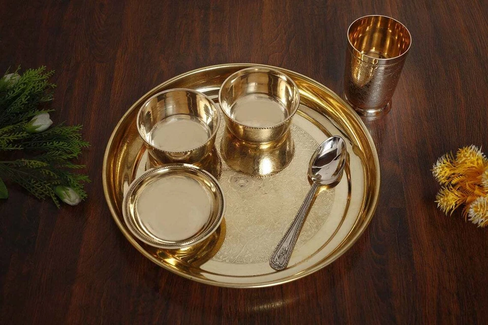 Heavy Weight Pure Brass Dinner Set-6/7 Pcs || 12 inch Large Thali Brass Utensils - Image 4 of 4
