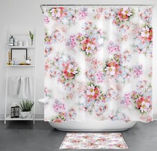 Country Watercolor Pink Vintage Floral Shower Curtain Bathroom Accessories Set