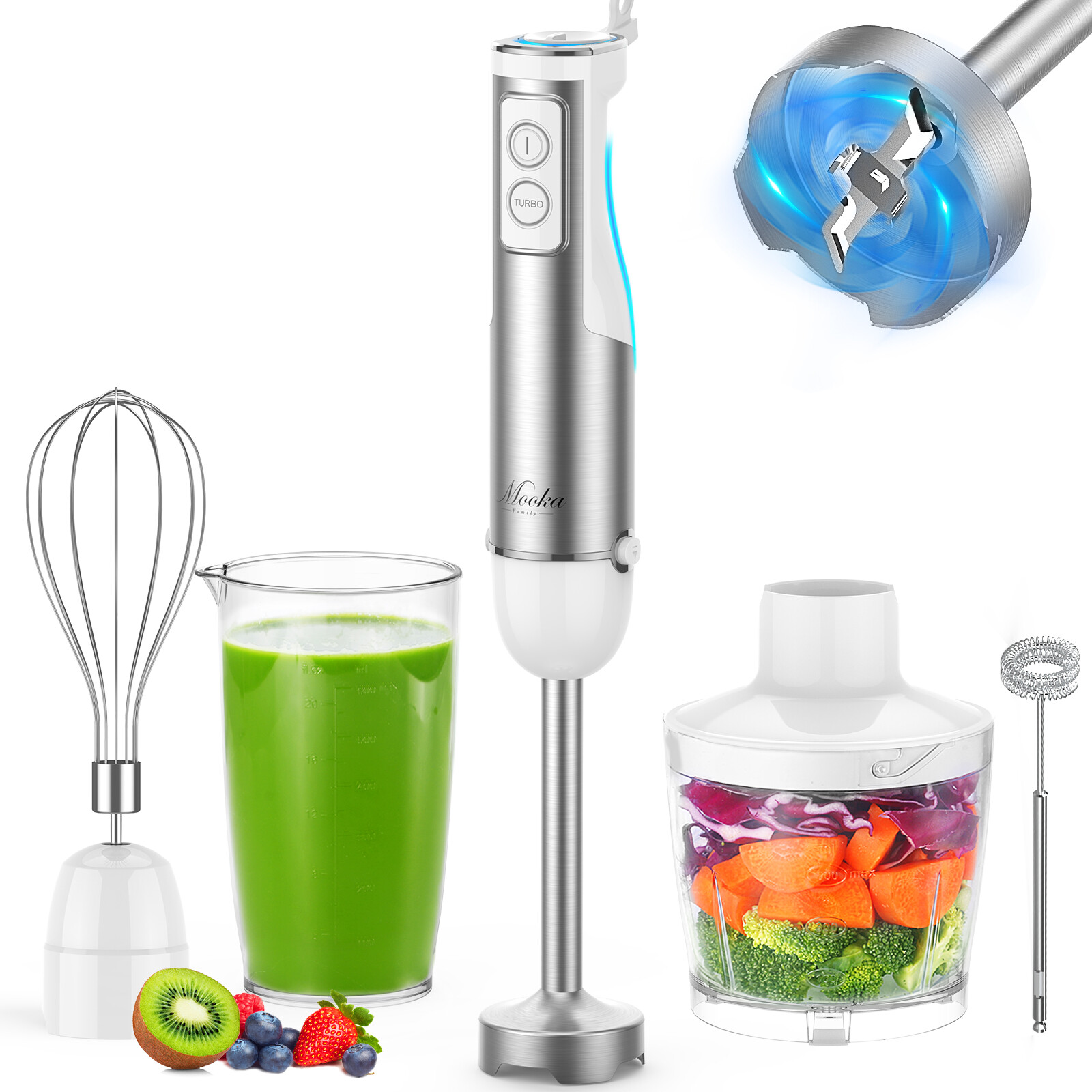 1100W 12Speed Hand Immersion Blender 5 in 1 Entire Stainless Steel Blender White