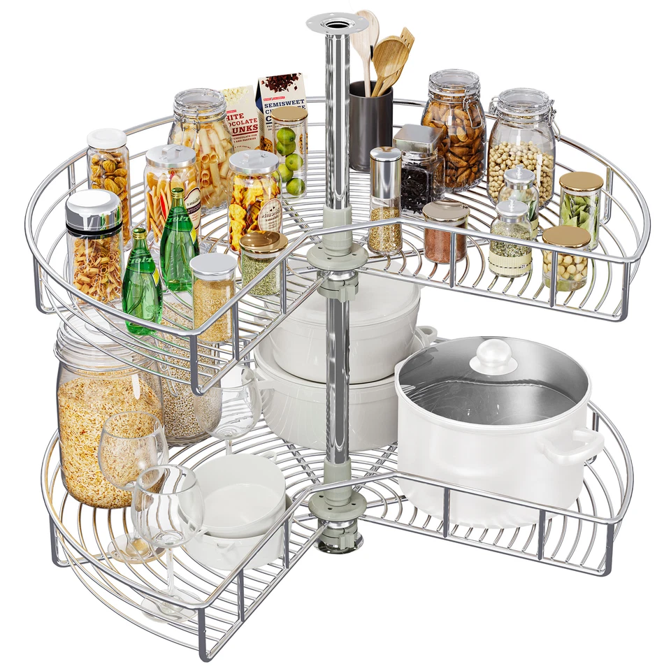 31-Inch Kidney Shaped Chrome Pie Cut 2-Shelf Lazy Susan Corner Organizer Silver - Image 2 of 4