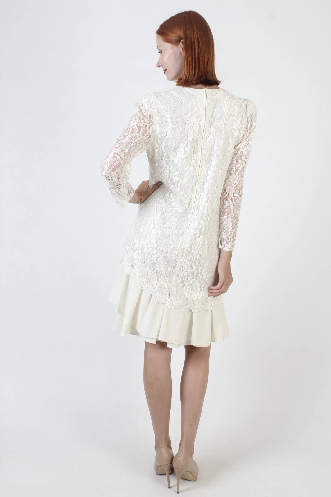 OFF WHITE Abito vittoriano vintage bianco sporco pizzo vita bassa gonna con volant art deco abito flapper