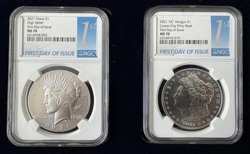 2021 MORGAN & PEACE SILVER DOLLAR MS70 FDOI -  PAIR SET