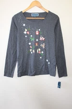 Karen Scott Womens Grey Cotton Embellished Holiday Long Sleeve Top S NWT