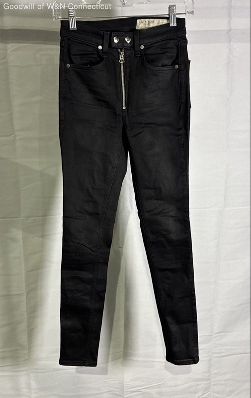 Rag & Bone Women's Black Dash Coated Skinny Pants Exposed Zip High Rise Sz 24