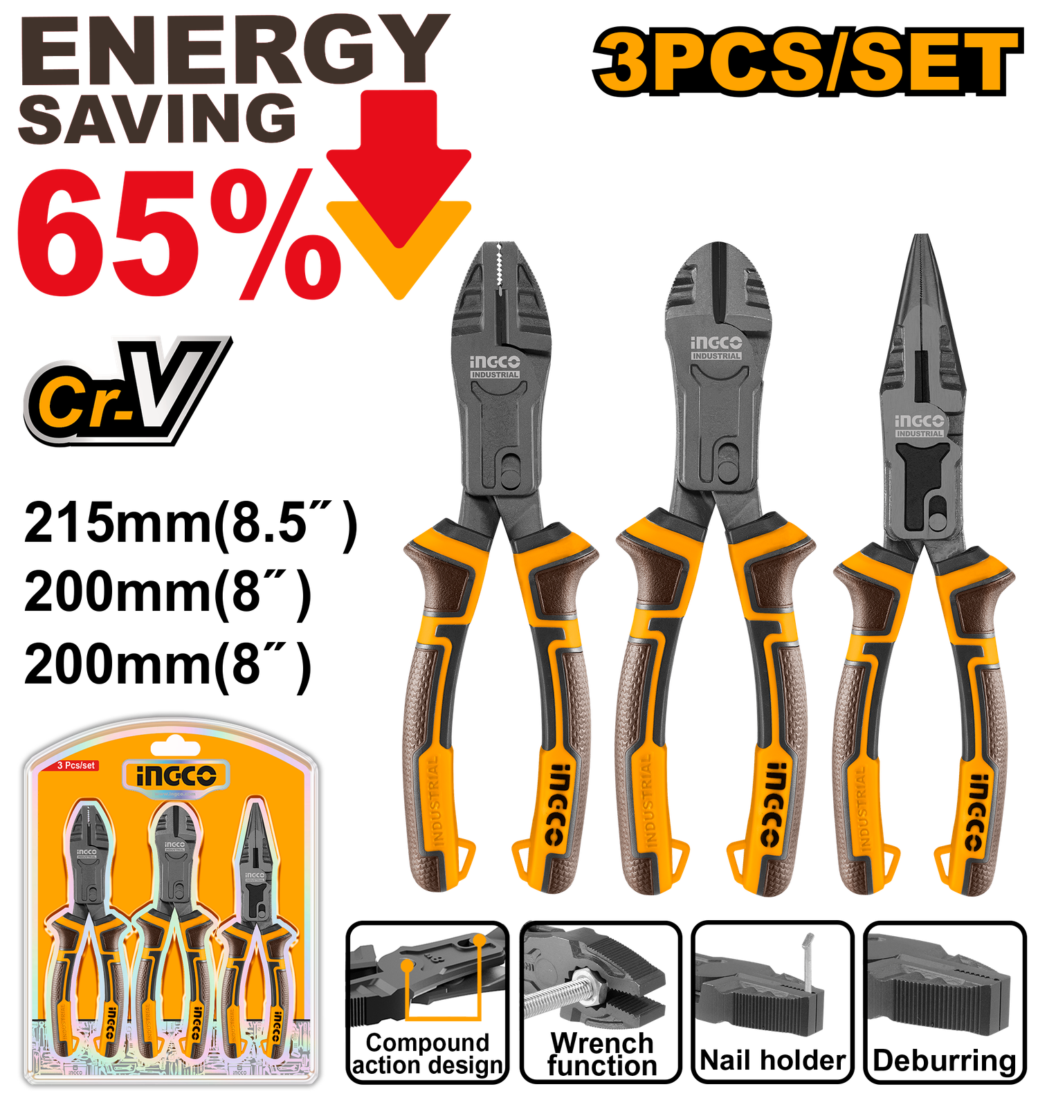 3 Piece Compound Action Pliers Set Universal, Diagonal, Long Nose, Cr-V