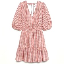 MANGO Vichy Red Gingham Mini Dress with Puff Sleeves & Tiered Skirt size XS