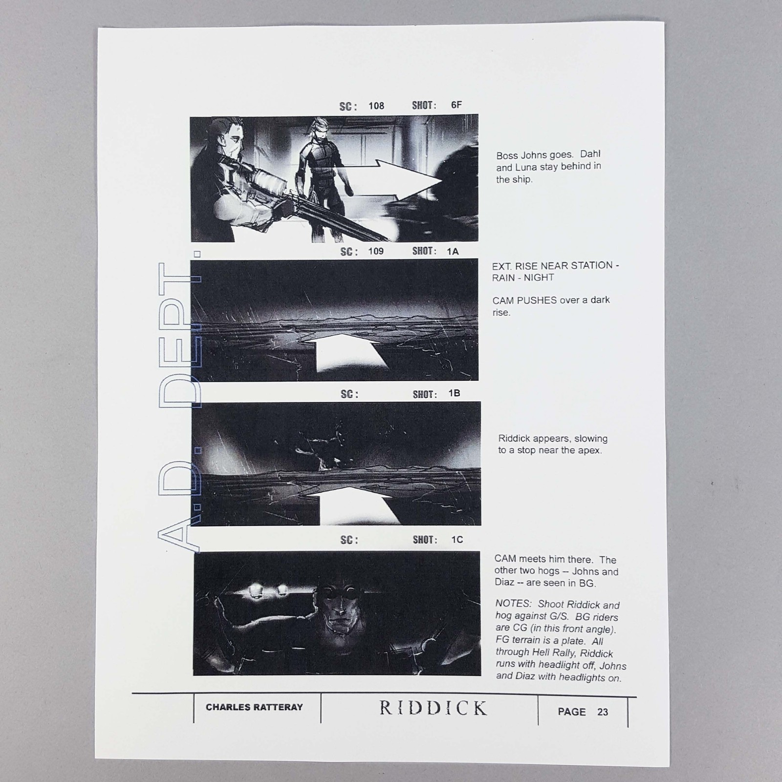 Riddick Original Storyboard Page 23 Charles Ratteray Hell Rally Hog Chase