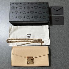 MCM Visetos Authentic Beige Chain Shoulder Bag Flap Wallet Bag Clutch Gold Purse