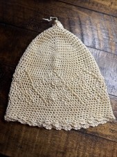 Antique Crocheted Cap Baby Christening Cap Natural Ivory Scallop Edges Tatted
