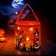 Halloween Trick or Treat Candy Bags LED Light up Pumpkin Bucket, Collapsible Reu