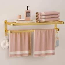 Gold Bathroom Towel Rack Towel Shelf with Double Towel Bars Lavatory Wall Mou...