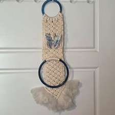 Vintage 70's Boho Cream Macrame Towel Holder Butterfly 21" Acrylic Blue Hoops