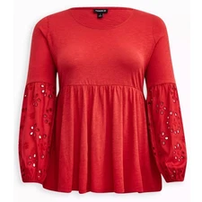 Torrid Cotton Modal Slub Scoop Neck Eyelet Sleeve Inset Babydoll Top Size 3X