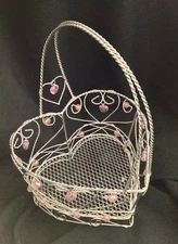 Silver Wire Pink Heart Shaped Decorative Gift Basket Decoration 12 x 8"