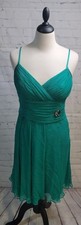 Maggy London Jade Green 100 Silk Ruched Dress size 10 V Neck Spaghetti Strap