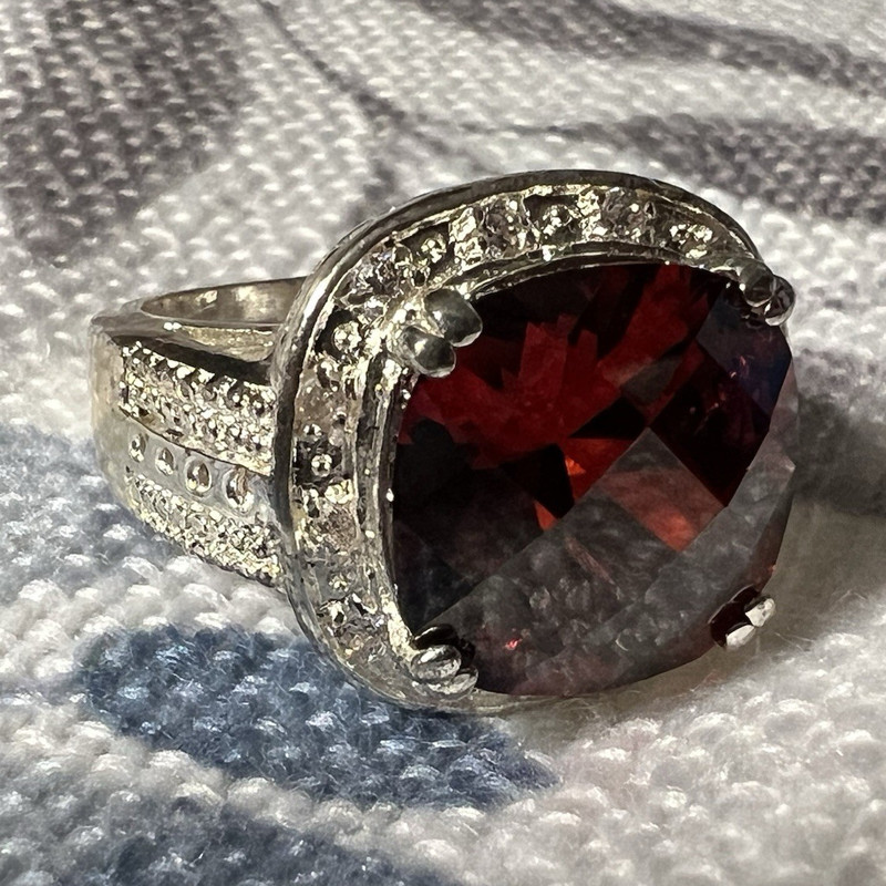 925 Sterling Silver Cocktail Ring Cushion-Cut Red Stone Prong Set Size 8.5