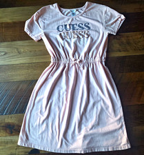 GUESS Pink Knit T-Shirt Dress Logo Short Cap Sleeve Round Neck Knee Size 10