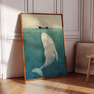 Whale and Ship Canvas Wall Art Vintage Ocean Nautical Poster Print