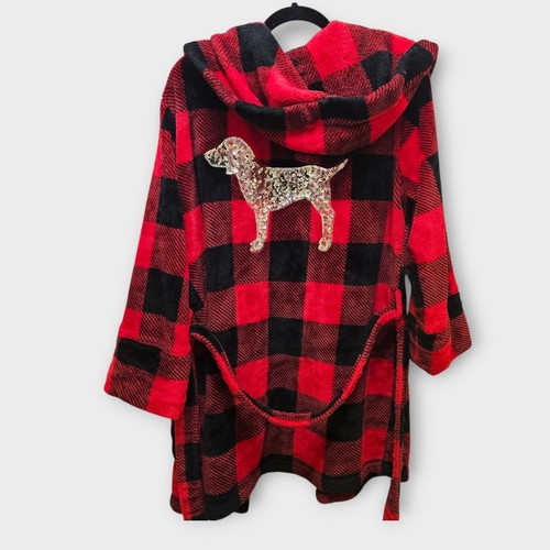 PINK Victoria's Secret Red Black Buffalo Plaid Fleece Bling Dog Sequin ...
