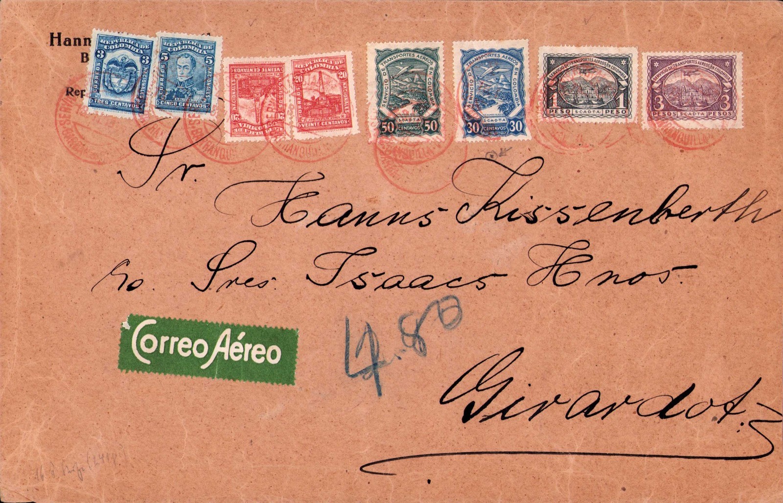 COLOMBIA - SCADTA - 4.80p COVER - BARRANQUILLA to GIRADOT - 1926 RRR
