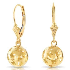 14K Real Solid Yellow Gold Shiny Polished Star Ball Dangle Drop Hoop Earrings