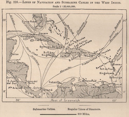 Lines of Navigation & Submarine Cables in the West Indies 1885 old antique map