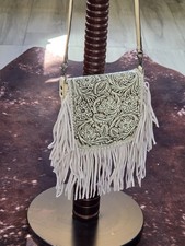 Vintage Western Tooled Leather Fringe Crossbody Bag Floral Cowhide Purse Cream