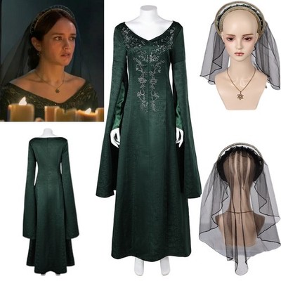 House of the Dragon Alicent Green Dress Necklace Headband Party Cosplay Costume