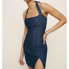 Reformation Isha Denim Mini Dress Blue Mini Halter Front Slit Cotton Size 10