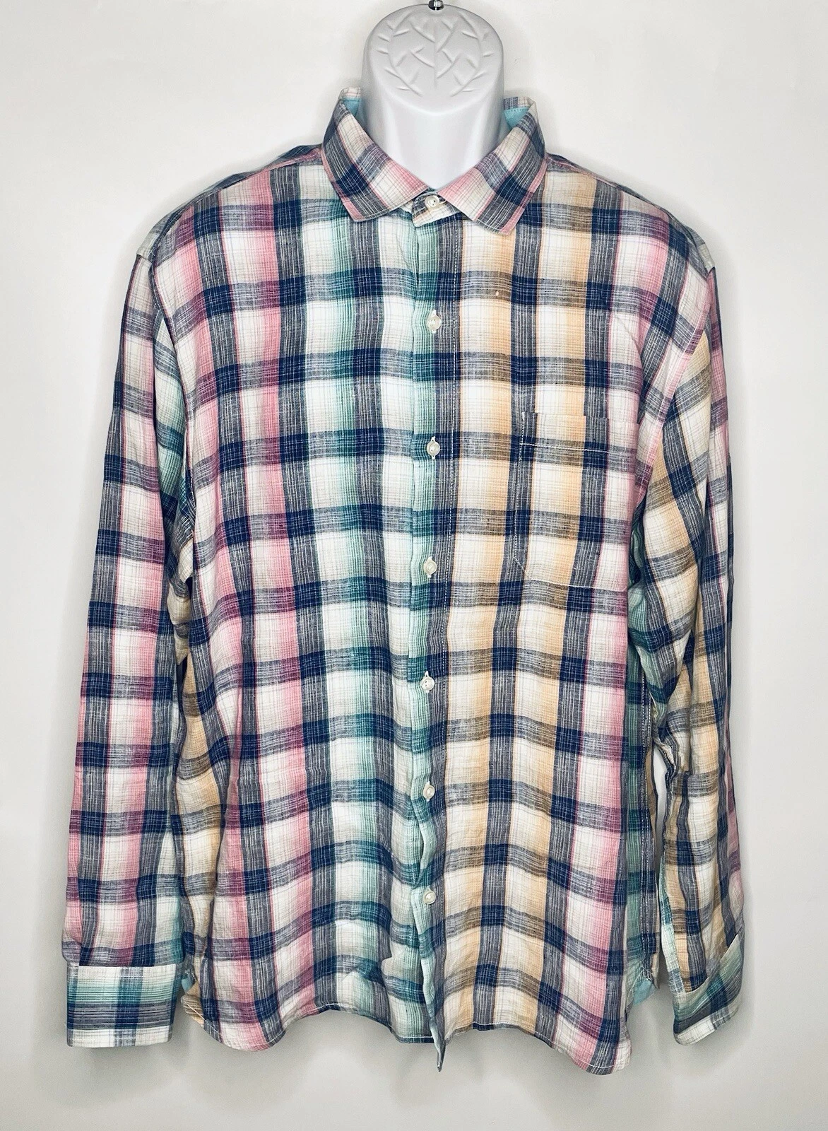 Tommy Bahama Shirt Mens Size L Plaid Multicolor 100% Linen Pocket Button Up