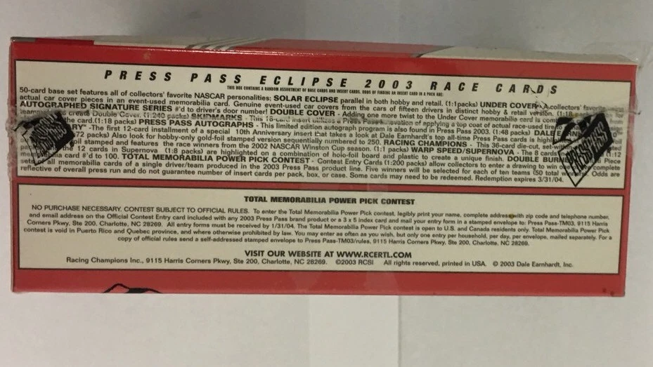 2003 Press Pass Pass Eclipse Racing Hobby Edition Box Factory Sealed 24 Pack - Image 4 of 4