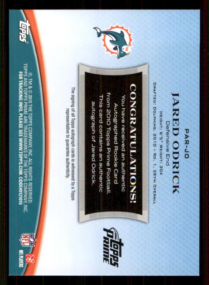 2010 Topps Prime Rookie AUTO #PARJO Jared Odrick /599 - Image 2 of 2
