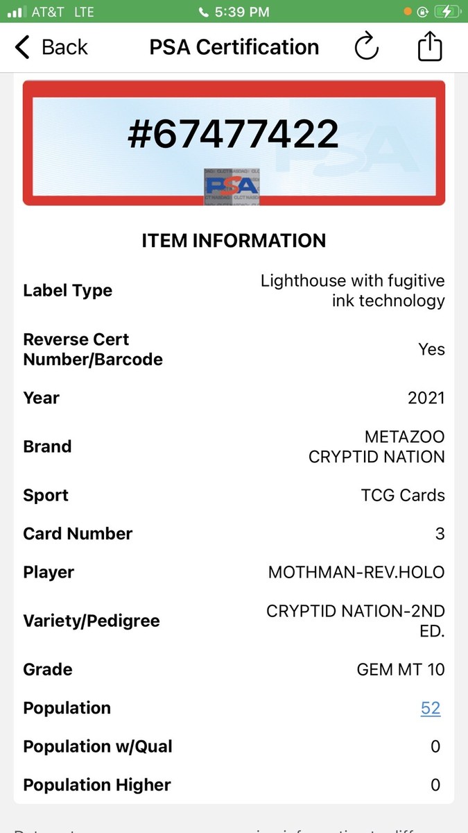2021 MetaZoo Mothman Rev-Holo #3 PSA 10 GEM MINT Cryptid Nation
