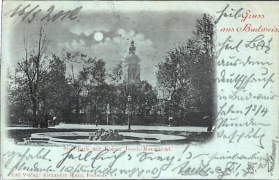 Gruss aus Budweis , Stadtpark m. Kaiser Josef´s Monument  1899