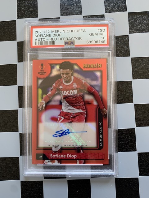 2021-22 Topps Merlin Chrome UCL Auto Sofiane Diop Red /10 AS Monaco PSA 10